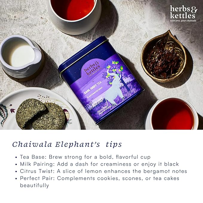 Herbs & Kettles Earl Grey Tea | Assam Black Tea Infused with Italian Bergamot Oil | Premium Loose Leaf Earl Grey with Smooth Citrus Aroma & Velvety Finish | Makes 12–14 Servings, 20-30 Cups | Gourmet Tea Gift