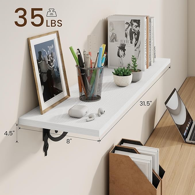 RICHFOCUS Floating Shelves for Wall Decor, 31.5W x 8D Shelves Set of 2, 8" Deep Rustic Wood Floating Shelves Wall Mounted with Metal Brackets, Shelves for Living Room Bedroom Kitchen, White