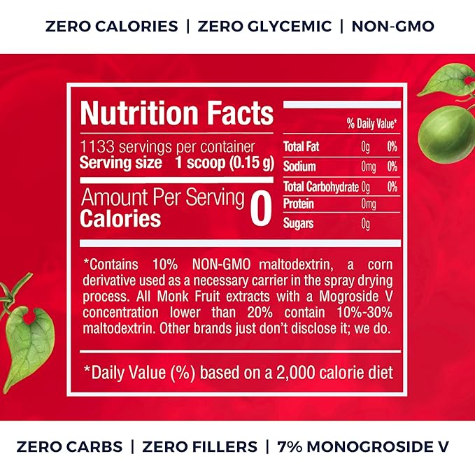 Monk Fruit Sweetener No Erythritol (25X Sweeter Than Sugar) Zero Calories, Zero Glycemic, Non-GMO, No Fillers - Monk Fruit Extract (7% Mogroside V) by Transparency Foods (6oz, 1133 servings)