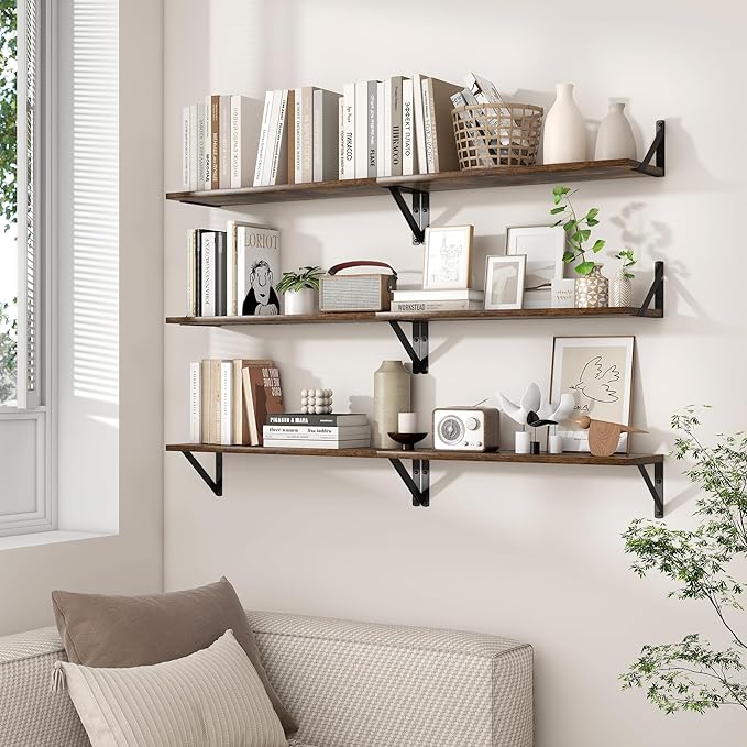 Axeman Floating Shelves for Wall 48 Inch | 47.3W x 8D Rustic Floating Shelves Set of 2 | 8" Deep Long Wall Shelves for Bathroom Kitchen Living Room | Bookshelf Display Shelves - Rustic Brown