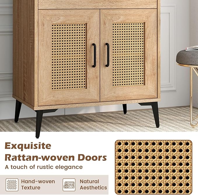 LOKO 45.5” Kitchen Pantry Cabinet, Coffee Bar Cabinet with DIY Pegboard, Rattan Buffet Sideboard with Storage Drawer & Adjustable Shelf, Mid Century Modern Hutch Cabinet for Living Room, Oak (1)