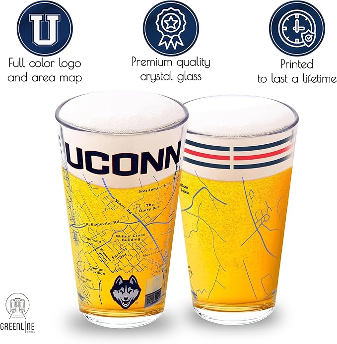 Greenline Goods – University of Connecticut Huskies College Pint Beer Glasses (Set of 2), 16 oz – Full-Color Logo + Campus Map