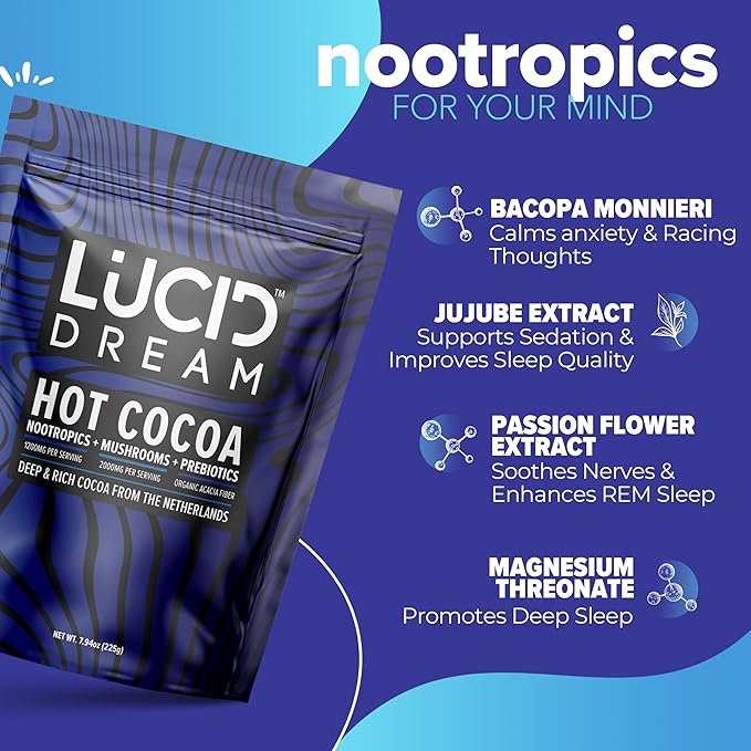 Lucid Dream Mushroom Hot Cocoa for Sleep -Dreamy Nighttime Blend with Adaptogens for Relaxation-Boosts Melatonin for Better Rest (7.94 Ounces, Chocolate)