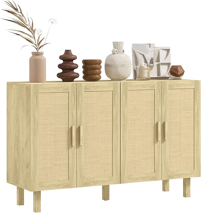 HOMCOM Boho Sideboard Buffet Cabinet, Coffee Bar Cabinet with 4 Rattan Doors and Adjustable Shelves for Kitchen, Living Room, Natural