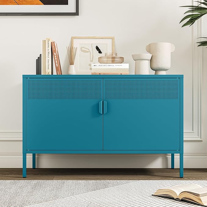 Metal Storage Cabinet with Doors,Blue Accent Cabinet,Metal Locker Storage Cabinets,2 Door TV Media Stand with Removable Shelves for,Home,Office,Entryway,Living Room