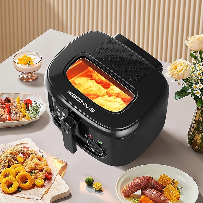 1500W Electric Deep Fryer with Adjustable Temperature Control, 2.5L Non-Stick Basket & Viewing Window, Folding Handle and Locking Cover for Easy Storage, Black