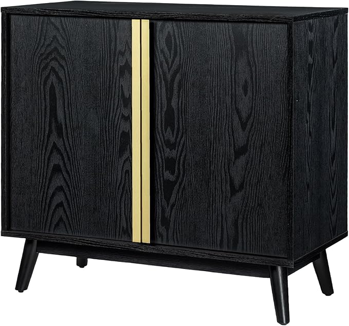 SANGO Cortland 2-Door Accent Cabinet, Sleek Black Storage Cabinet with Brass Handles, Adjustable Shelf, Minimalist Mid-Century Modern Design, Stylish & Functional Furniture for Living or Dining Room