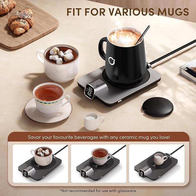 Coffee Mug Warmer Set, ±1°F Precision Temperature Control Smart Heated Mug for Desk, Electric Coffee Warmer with Auto Shut Off & Real-Time Temp Display, Gifts for Men Women, 15oz Ceramic Mug, Black