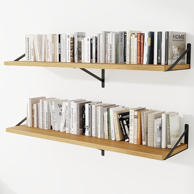 Deep Wall Shelves 55"W x 12"D Engineered Wood Floating Shelves for Wall, Sturdy Metal Bracket Bookshelves Home Decor Storage for Living Room Bedroom Bathroom Kitchen, Set of 2, Oak Finish