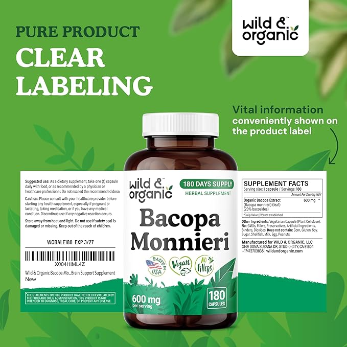 Wild & Organic Bacopa Monnieri Capsules 600 mg - Brain Support - Natural Bacopa Supplements - Brahmi Capsules - 180 Days of Supply - Vegan, No Fillers, Non-GMO - 180 Count