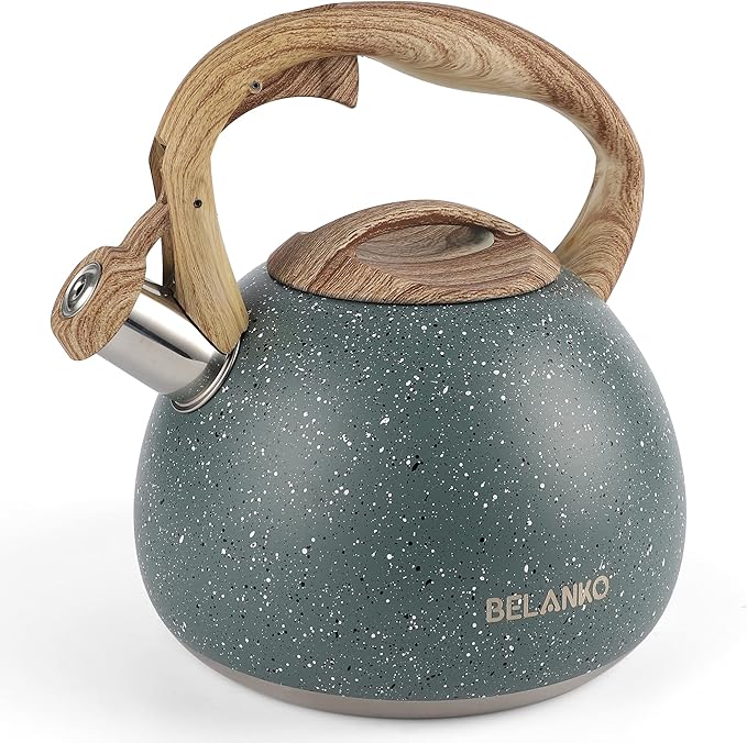 BELANKO 2.7 Quart Tea Kettle for Stovetops - Food Grade Stainless Steel Teapot with Loud Whistle, Cool-Touch Wood Pattern Handle, Rust-Resistant Whistling Kettle - Starry Green