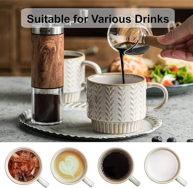 Coffee Mugs Set of 4 with Spoons & Stand, Stackable Espresso Cups 13oz Coffee Mug for Drinks Latte Cappuccino Tea, Coffee Cup for Women Men Couples Housewarming Birthday Gift, Dishwasher Safe