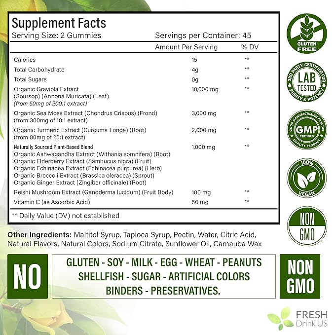 FRESHDRINKUS, 90 Max-Strength Soursop (Graviola) Gummies + Sea Moss & Turmeric — Cell Support • Non-GMO, Vegan, Sugar-Free Formula – Convenient Chewable Herbal Supplement