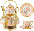 20 Pieces Porcelain Tea Set With Metal Holder, European Ceramic tea set for adults,Flower Tea Set,Tea Set For Women With Flower Painting (Large version, Pink)