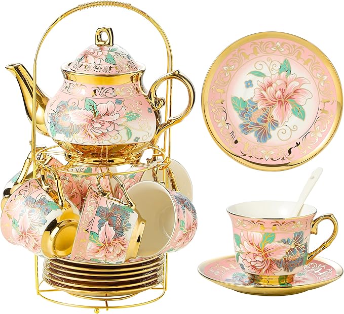 20 Pieces Porcelain Tea Set With Metal Holder, European Ceramic tea set for adults,Flower Tea Set,Tea Set For Women With Flower Painting (Large version, Pink)
