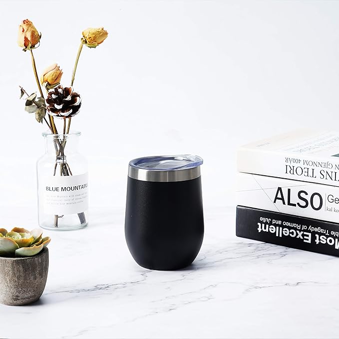 Lifecapido 4 Pack 12Oz Stainless Steel Stemless Wine Glasses, Insulated Wine Tumbler, Stainless Steel Wine Tumbler Cups with Lids and Straws for Coffee, Cocktails, Wine, Champaign, Black…