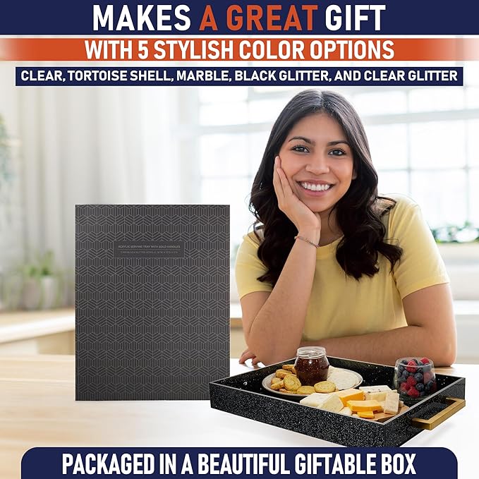 Acrylic Serving Tray with Gold Handles, 16" x 12" Decorative Tray for Coffee Table, Spill-Proof Food and Drink Server. Multipurpose for Ottoman, Kitchen, Vanity, Countertop, Party Use (Black Glitter)