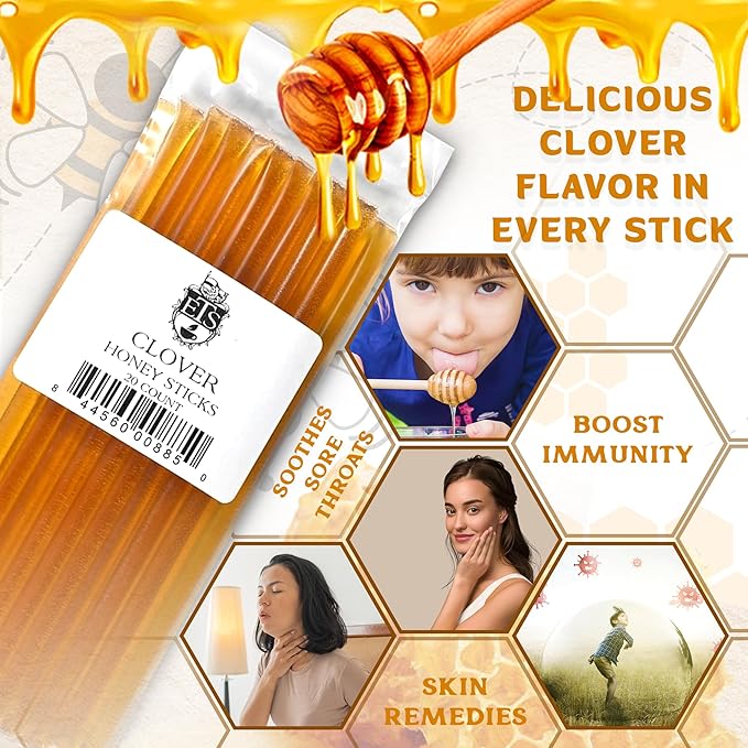 English Tea Store Honey Sticks | All-Natural Honeystix With Gluten-Free Grade A Honey | Mini Honey Stick For Tea, Cake Pops Or Snacks | Portable Sweet Treat | Clover Flavored Honey Sticks - 20 Count