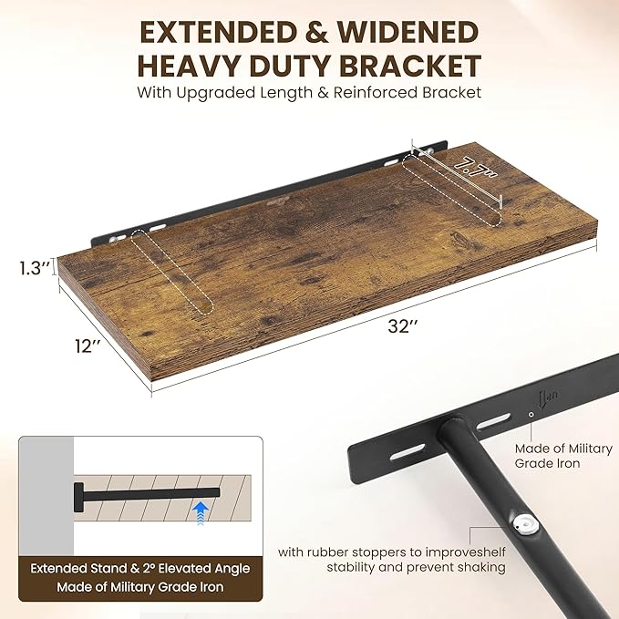 Dreamland 32" Floating Shelves for Wall, 12" Deep Slim Rustic Brown Floating Shelves, Wall-Mounted Shelves for Bedroom, Living Room, Kitchen, Bathroom - Set of 2