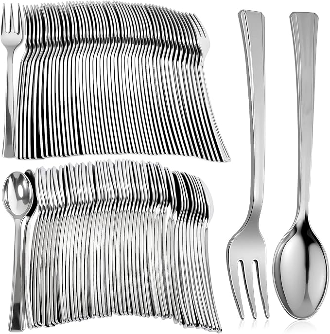 200Pcs Mini Plastic Forks and Spoons, 100 Pcs Silver Forks & 100 Pcs Silver Spoons, Disposable Plastic Silverware, Mini Spoon and Fork for Appetizers Desserts Cake Parties Weddings(4.3 Inch)