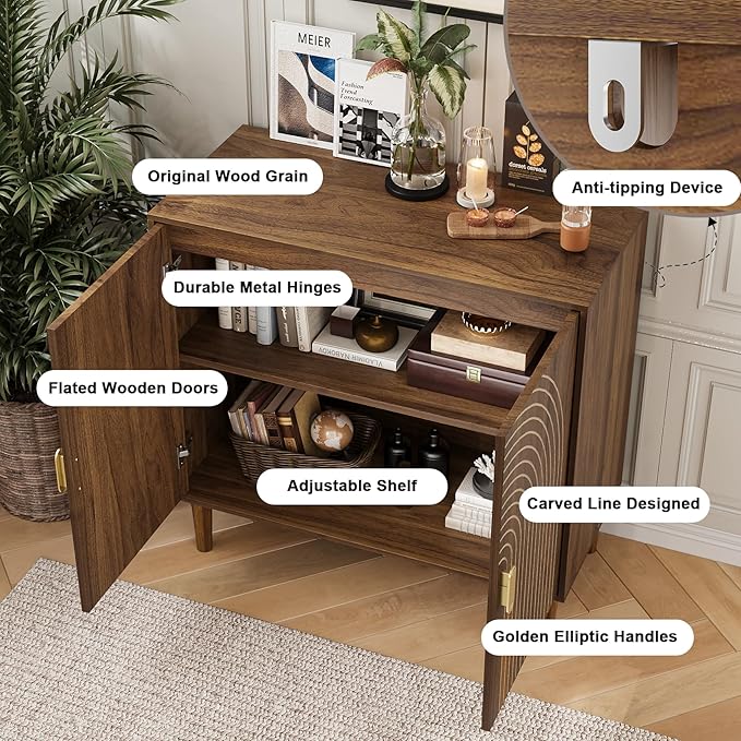 Sideboard Buffet Cabinet with Storage,Sideboard Buffet with Doors and Adjustable Shelf,Wooden Storage Cabinet, 31.3”W x 15.0”D x 30.6”H (Walnut)