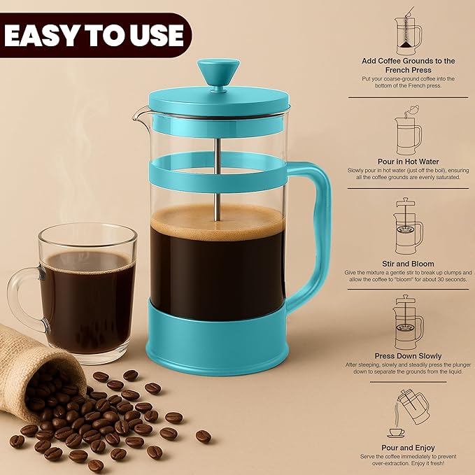 Utopia Kitchen French Press Espresso and Tea Maker with Triple Filters, Stainless Steel Plunger and Heat Resistant Borosilicate Glass (Aqua, 12-oz (Pack of 1))