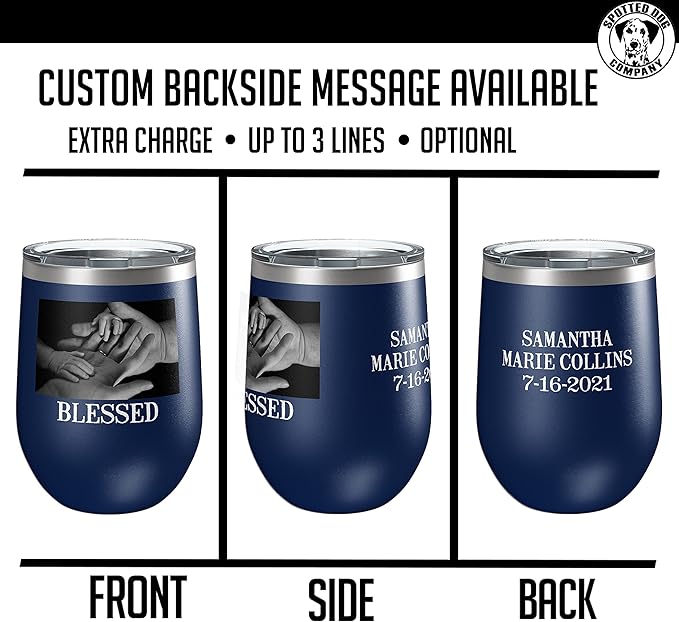 Personalized 12oz (17 Colors) Mother's Day Photo Picture Printed Insulated Stainless Steel Powder Coated Stemless Wine Tumbler with Lid, Customized Gift Idea Her, Coach Gifts Team Mom Dad (Navy Blue)