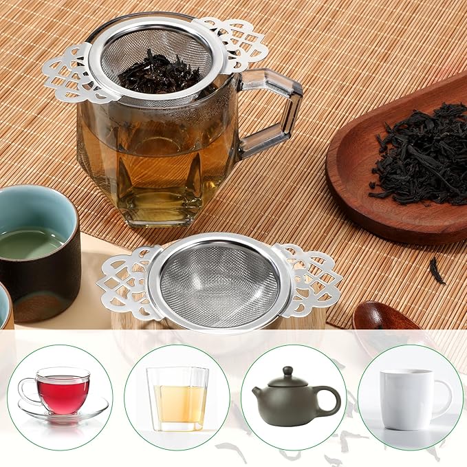 8 Pcs Mesh Tea Filter Strainers, 304 Stainless Steel Loose Tea Infuser Strainer with Petal Handles and Drip Bowl for Juice Coffee Filter, Sliver, 2.5 Inch