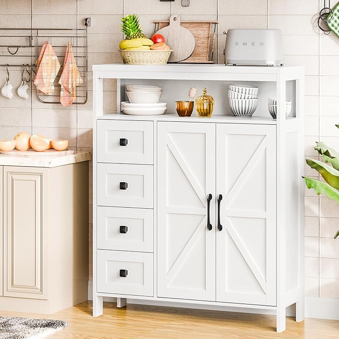 Vabches Farmhouse Storage Cabinet with 2 Doors and 4 Drawers, Freestanding Bathroom Compartment Kitchen Pantry Cabinet, Floor Cupboard for Kitchen/Living Room/Bathroom,White
