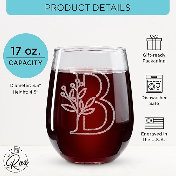 On The Rox Drinks Monogrammed Gifts For Women and Men - Letter A-Z Initial Engraved Monogram Stemless Wine Glass - 17 Oz Personalized Wine Gifts For Women and Men (B)