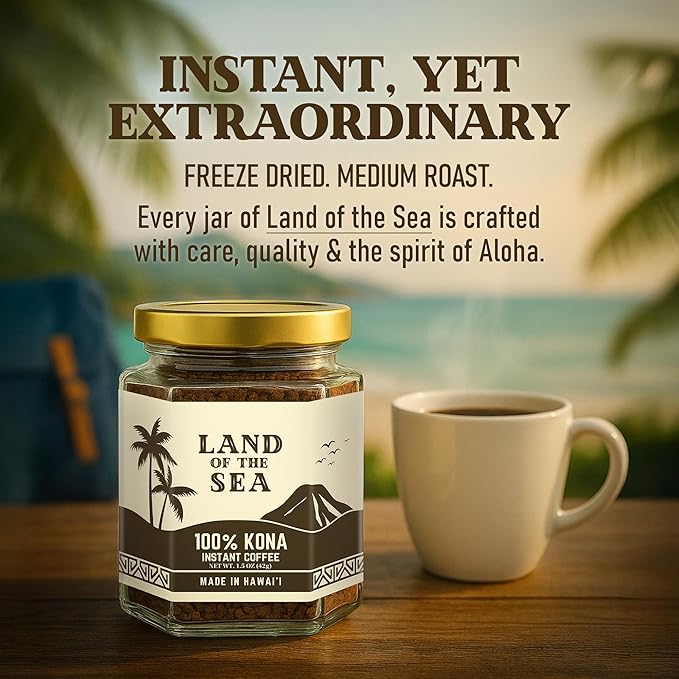 KONA COFFEE 100% - Premium Freeze Dried Instant Coffee - Low Acid Coffee - Medium Roast Arabica Hawaiian Coffee, 1.5oz (3 Packs | 66 Servings)