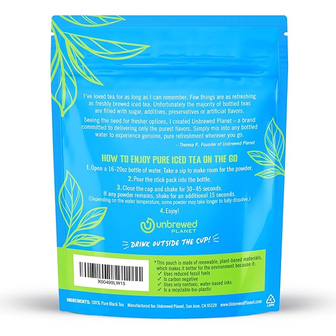 Unbrewed Planet Instant Iced Tea – 100% Pure Black Tea – 30 Single Serve Stick Packs – Unsweetened – Vegan – Gluten Free – On-the-Go for Travel, Work, Outdoors