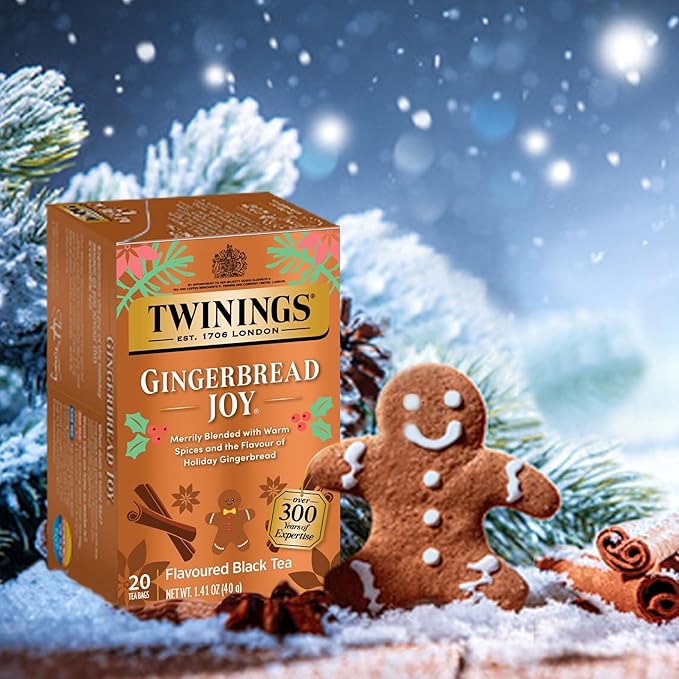 Twinings Gingerbread Joy Black Tea Individually Wrapped Bags, 20 Count (Pack of 3), Ginger & Cinnamon, Caffeinated, Enjoy Hot or Iced | Packaging May Vary