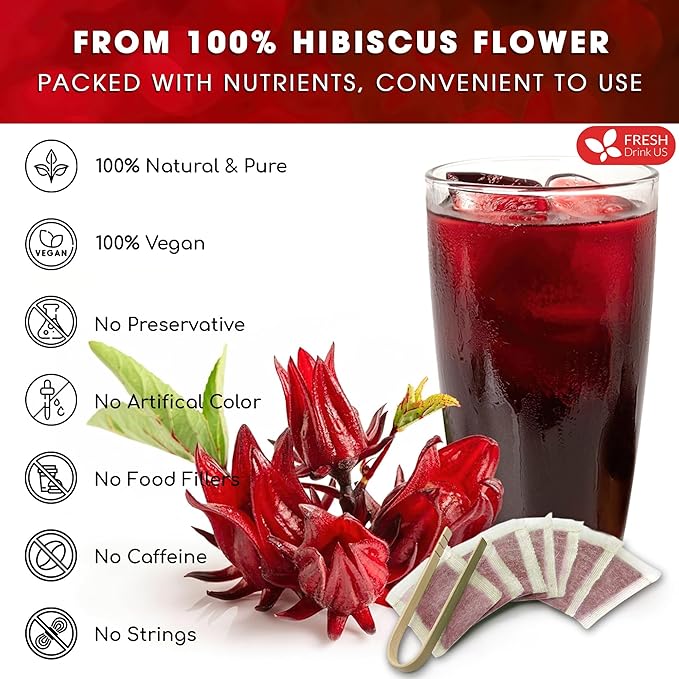 FreshDrinkUS, Premium 115 Hibiscus Flowers Tea Bags, 100% Natural & Pure. Loose Flower Hibiscus Herbal Tea. No Sugar, No Caffeine, No Gluten, Vegan.