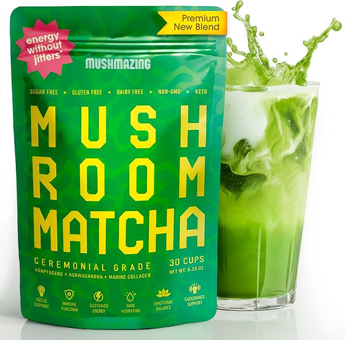 Mushroom Matcha + Lion’s Mane, Ashwagandha, Collagen - Focus, Energy & Immune Support - 30 Servings of Adaptogen Superfood Blend for All Day Coffee Alternative