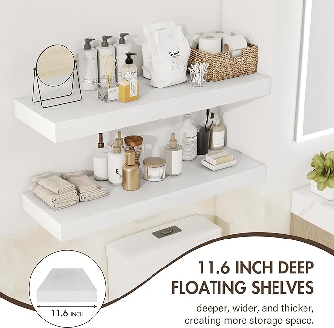 36 Inch Floating Shelves, 12" Deep Floating Shelf Wall Mounted, 36" Wall Shelves, Rustic Deep Bookshelf, Extra Deeper & Thicker Display Shelves for Bedroom, Living Room, White, Set of 2