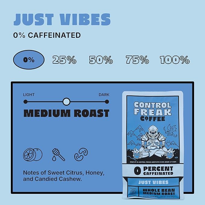 Control Freak Decaf Coffee Just Vibes, 0% Caffeine Whole Bean Coffee (12 Oz) – Fresh Sugarcane Processed Coffee Beans, Chemical-Free Decaffeination, Calm Energy, Full Flavor, No Buzz