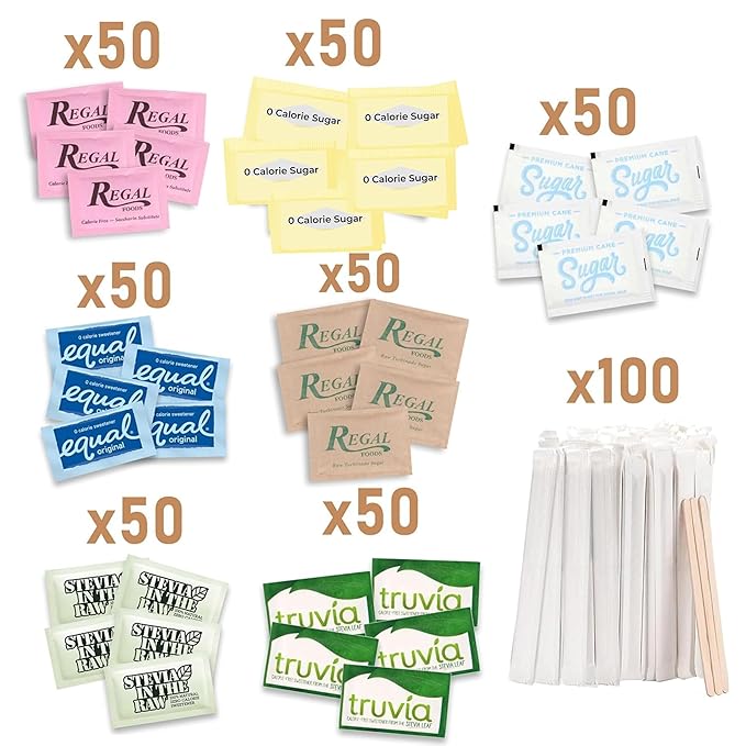 Sugar and Sweetener Packets Assortment with Wooden Coffee Stirrers Multiple Sizes and Varieties for Home Office Coffee Bar or Gift (450 Count – White & Cane Sugar Mix)