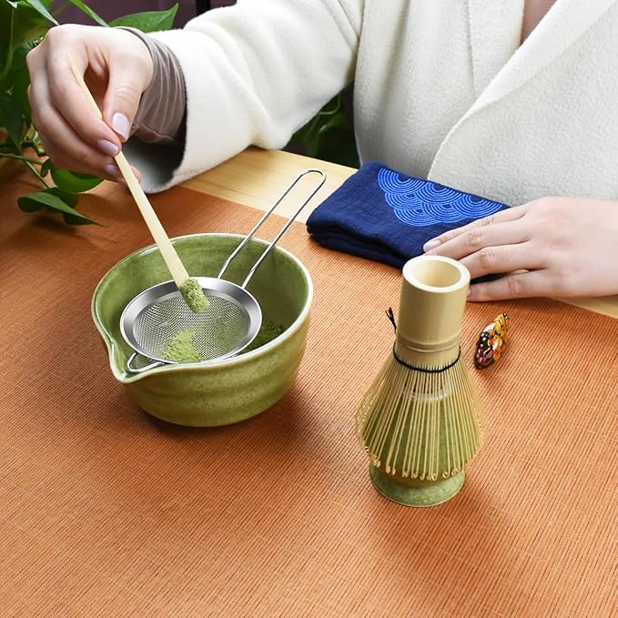 Artcome 7-Piece Matcha Tea Set - Complete Japanese Ceremony Kit with Bowl, Whisk, Scoop, Strainer & Guide, Mottled Green