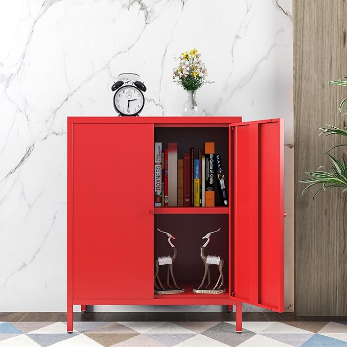 Small 2 Metal Storage Side Buffet Cabinet for Bed Room,Living Room,Entryway,Hallway,Home,Hotel,Office,Garage,Kitchen,1 Removable Shelf. (Metal Door, Red)