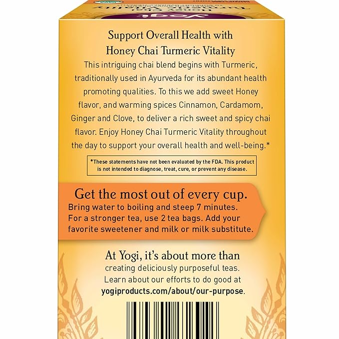 Yogi Tea Honey Chai Turmeric Vitality Tea - 16 Tea Bags per Pack (4 Packs) - Organic Tea to Support Overall Health - Includes Cinnamon Bark, Turmeric Root, Cardamom Pod, Ginger Root & More