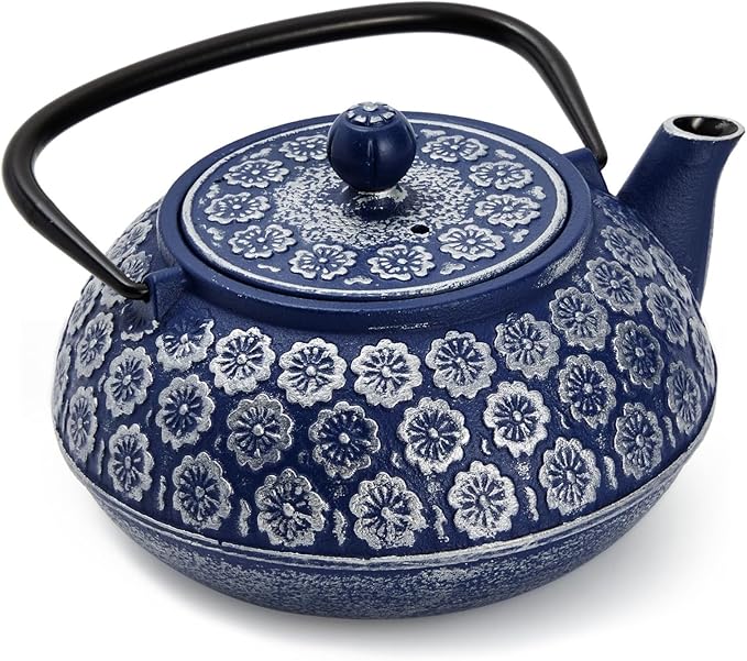 Juvale Japanese Cast Iron Teapot with Infuser & Stovetop Tea Kettle - 34 oz, Blue - Heat Retention, Removable Lid & Fold-Down Handle