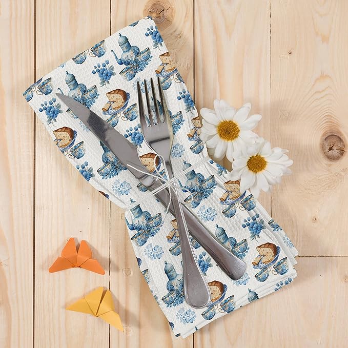 Retro Floral Teacups Kitchen Dish Towels, Vintage French Garden Tea Lover Gifts, Blue and White Flower Kitchen Decor Hand Towels Kitchen Tea Towels Decorations, 16x24inch