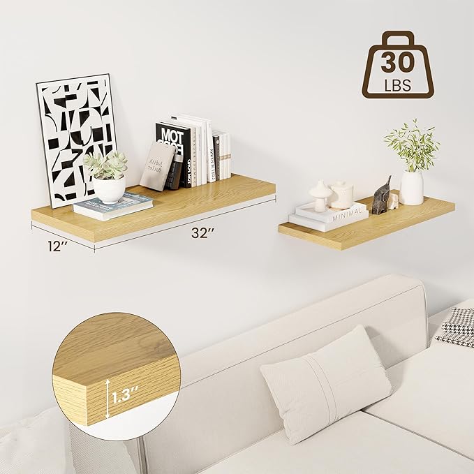 Dreamland 32" Floating Shelves for Wall, 12" Deep Slim Oak Floating Shelves, Wall-Mounted Shelves for Bedroom, Living Room, Kitchen, Bathroom - Set of 2
