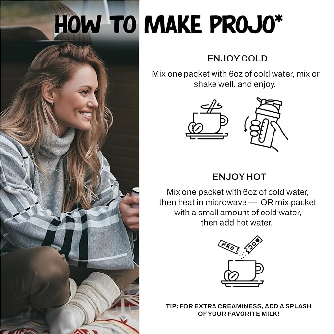 Projo* Power Coffee – Instant Coffee with 11g Protein – Grass-Fed Hydrolyzed Bovine Collagen & 175mg Caffeine – Vanilla Latte Flavor – Organic – Energy Support – 12 Single-Serve Packets