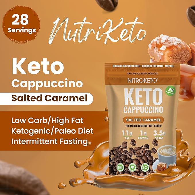 Keto Cappuccino - Salted Caramel - Keto Instant Coffee Mix with MCT Oil - Low Carb/High Fat, Organic Coffee Supports Ketosis - Energy Coffee - No Sugar - Made in USA – 28 Servings