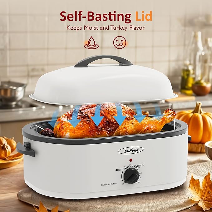 Sunvivi Electric Roaster,20 Quart Roasting Oven with Self-Basting Lid Removable Pan,Turkey Roaster Oven with 150 to 450F Temperature Control Cool-Touch Handles,White