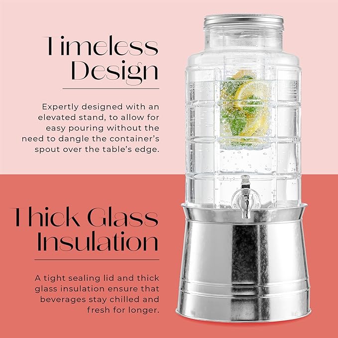 Style Setter Patchwork Beverage Dispenser Cold Drink Dispenser w/ 2.4-Gallon Capacity Glass Jug, Ice Insert, Fruit Infuser, Galvanized Base, Leak Proof Spigot Great for Parties Weddings