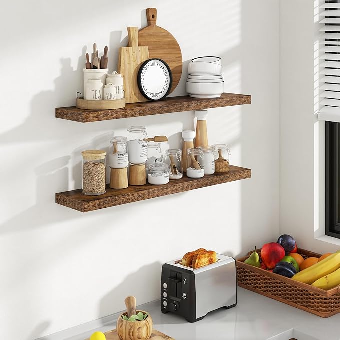 36 Inch Floating Shelves, 8 Inch Deep Floating Shelves for Wall, Hanging Shelf with Invisible Brackets, Deep Shelves for Bathroom, Bedroom, Living Room, Brown, Set of 2