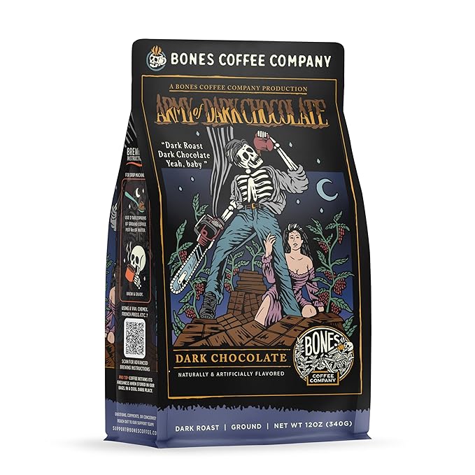 Bones Coffee Company Army of the Dark Chocolate Flavored Coffee, Medium Roast Low Acid Arabica Beans Compatible with Auto drip and French Press Coffee Maker, 12 Oz Ground